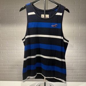 Hollister California Tank Top Mens XL Striped Navy Blue White Red Logo‎
